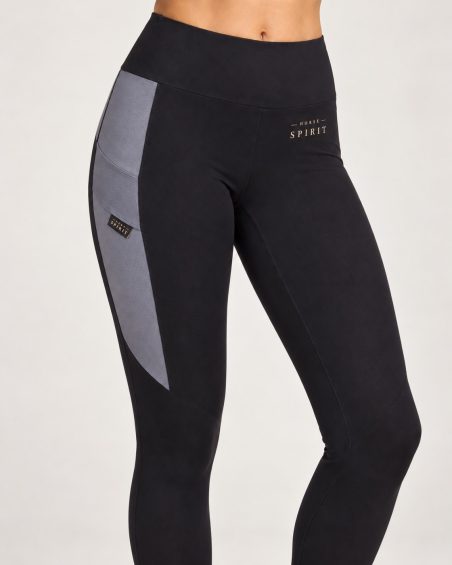 Ride leggings black/grey – front detail, side phone pocket and gold logo