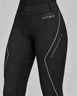 Black full-grip riding leggings – front view, gold logo and zip pocket
