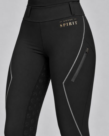 Black full-grip riding leggings – front view, gold logo and zip pocket