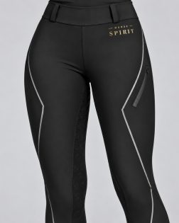 Black full-grip riding leggings – side product view, gold logo